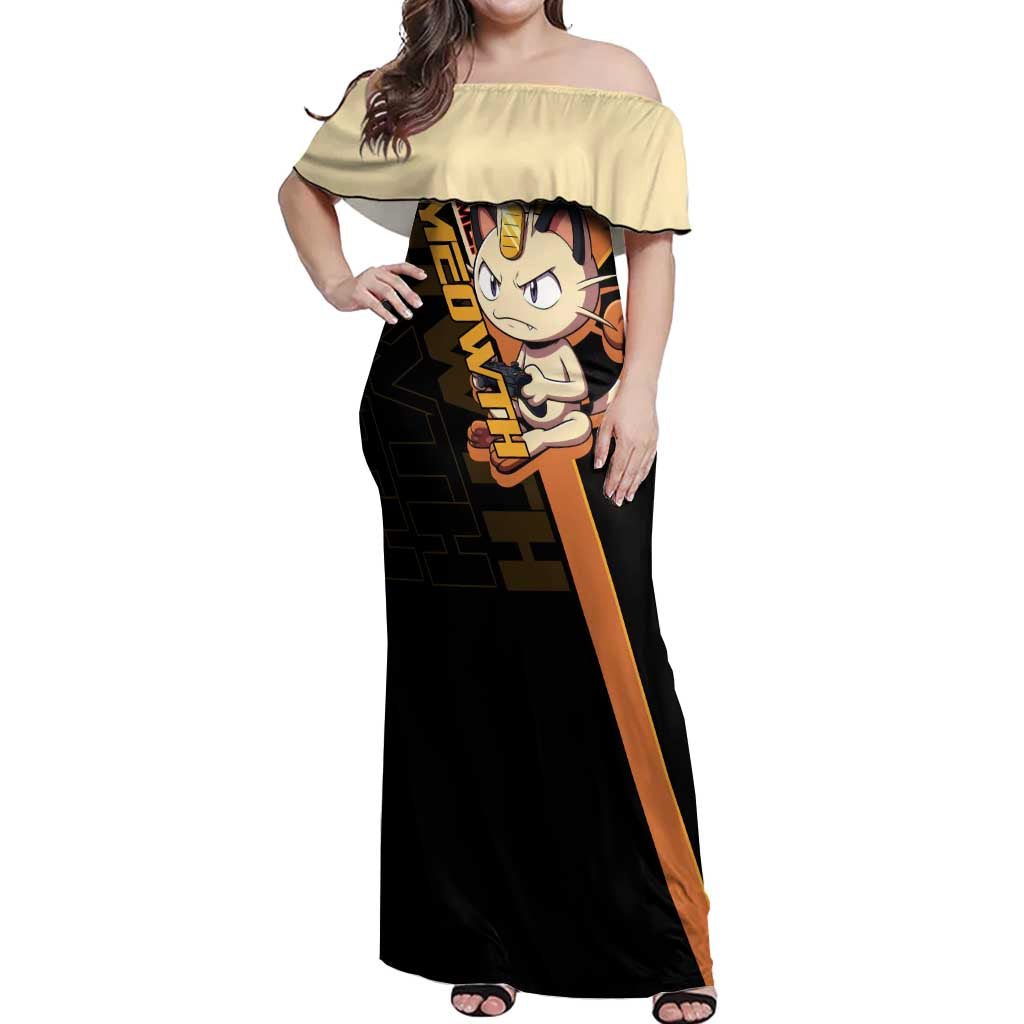 Meowth Poké Off Shoulder Maxi Dress Vintage Anime Cartoon Style
