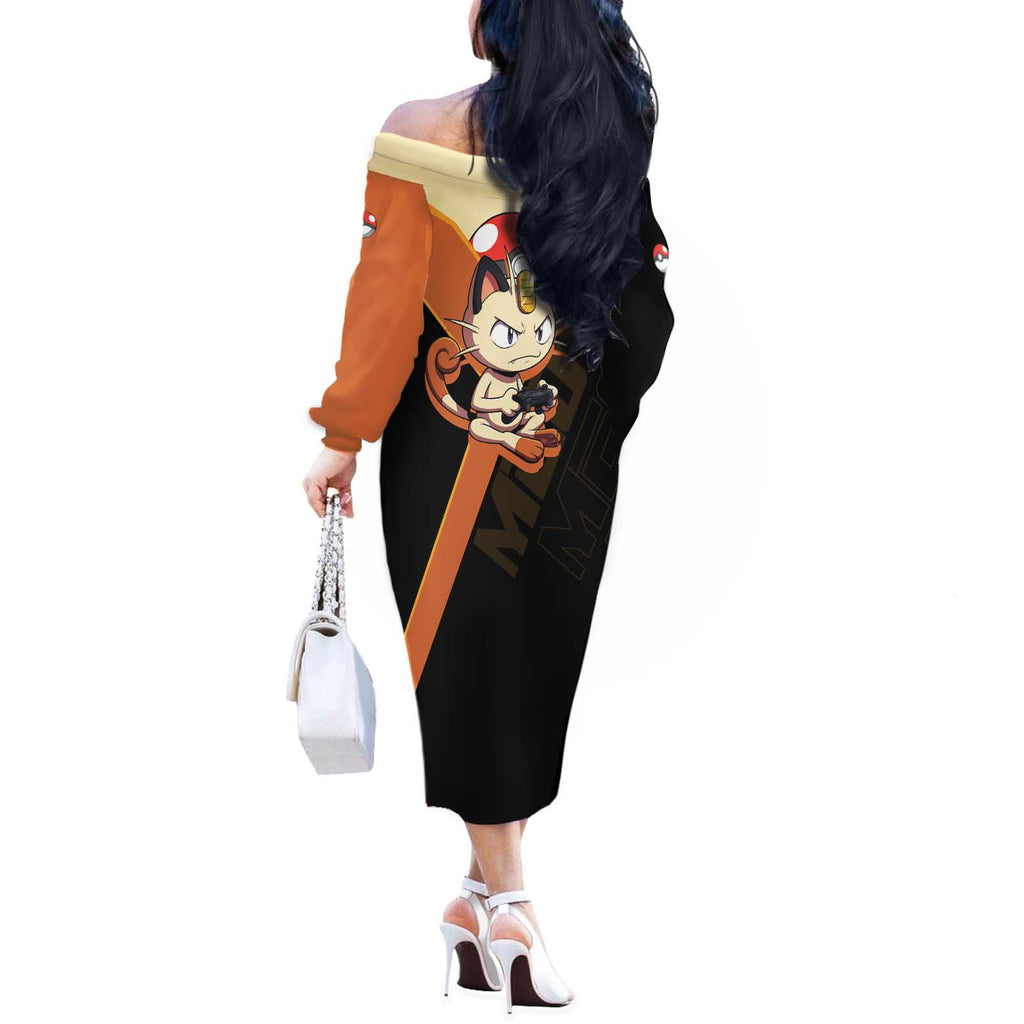 Meowth Poké Off The Shoulder Long Sleeve Dress Vintage Anime Cartoon Style