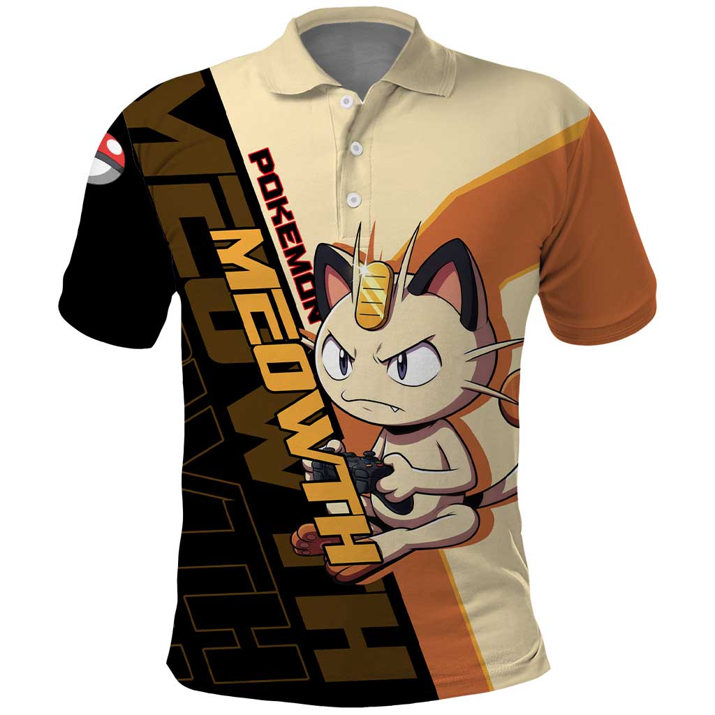 Meowth Poké Polo Shirt Vintage Anime Cartoon Style