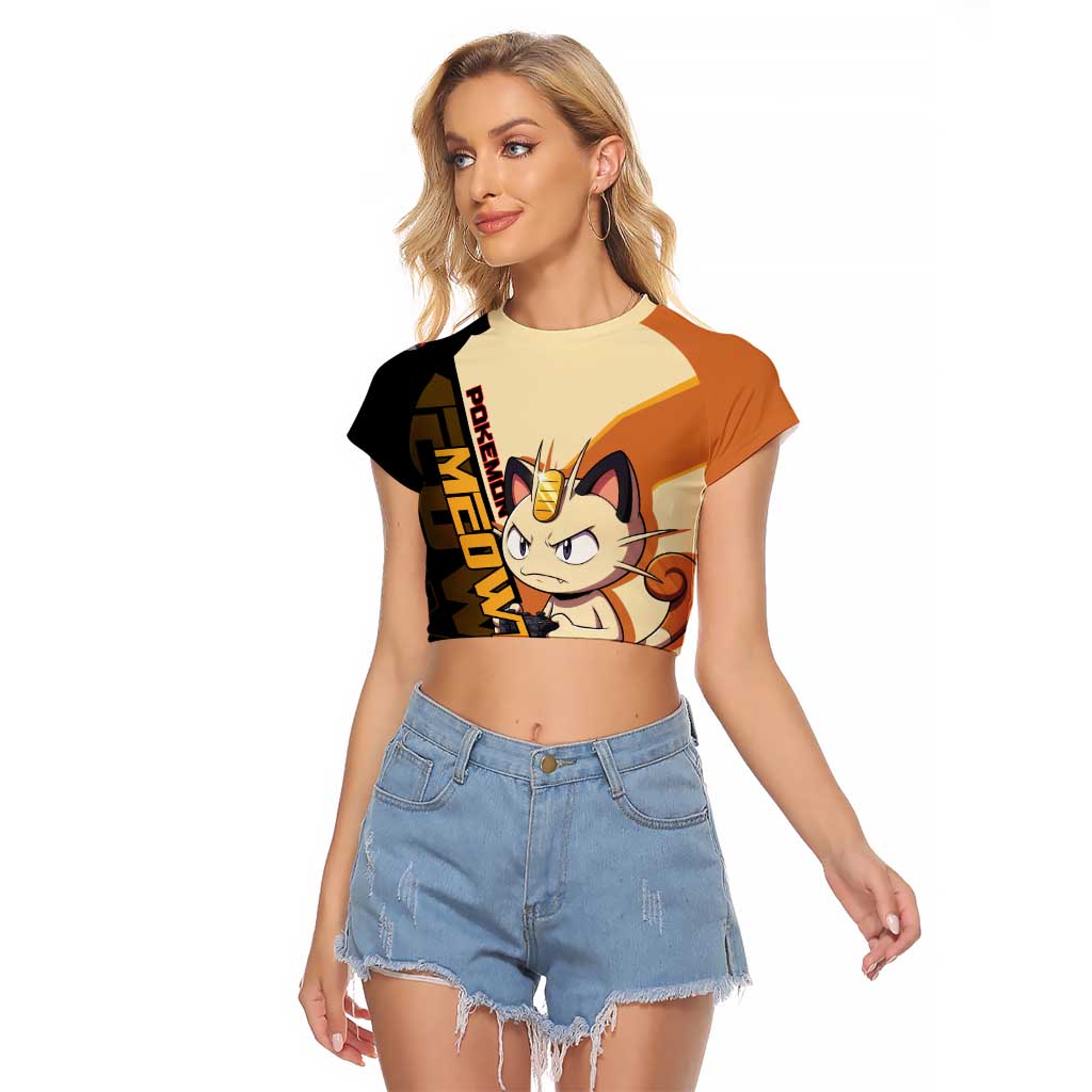 Meowth Poké Raglan Cropped T Shirt Vintage Anime Cartoon Style