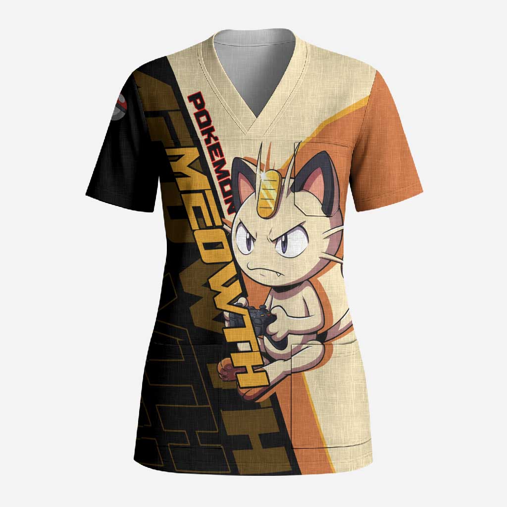 Meowth Poké Scrub Top Vintage Anime Cartoon Style