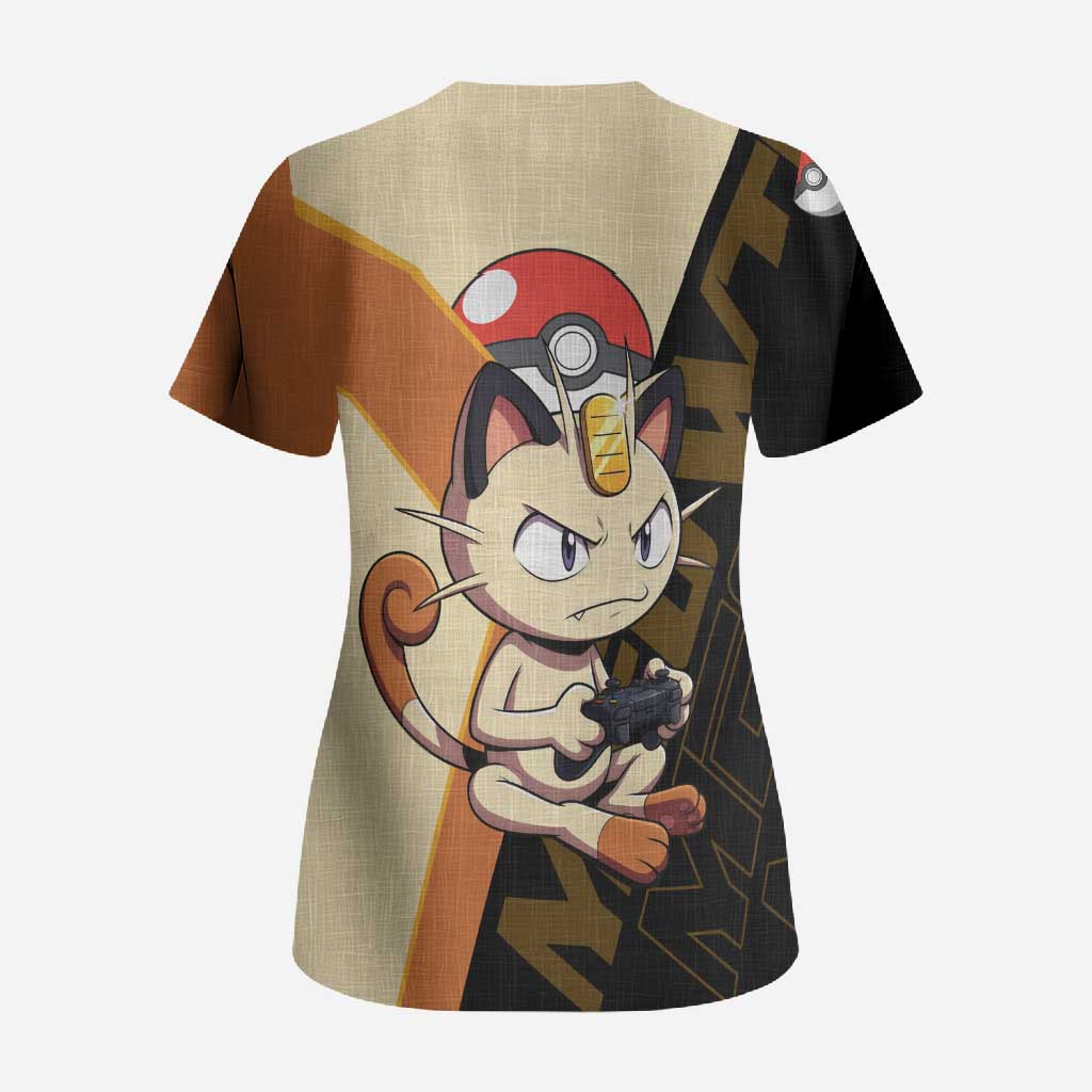 Meowth Poké Scrub Top Vintage Anime Cartoon Style
