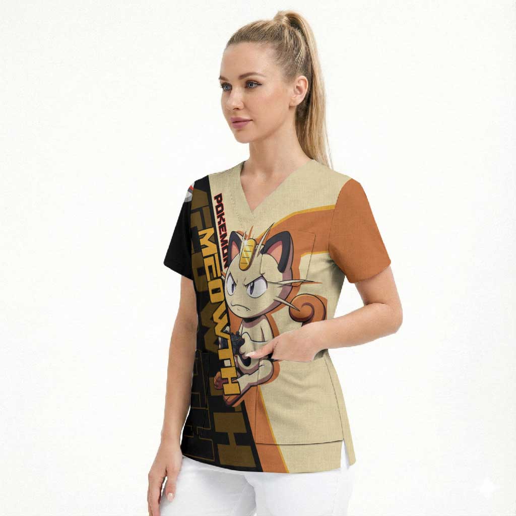 Meowth Poké Scrub Top Vintage Anime Cartoon Style