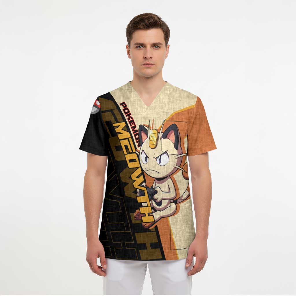 Meowth Poké Scrub Top Vintage Anime Cartoon Style