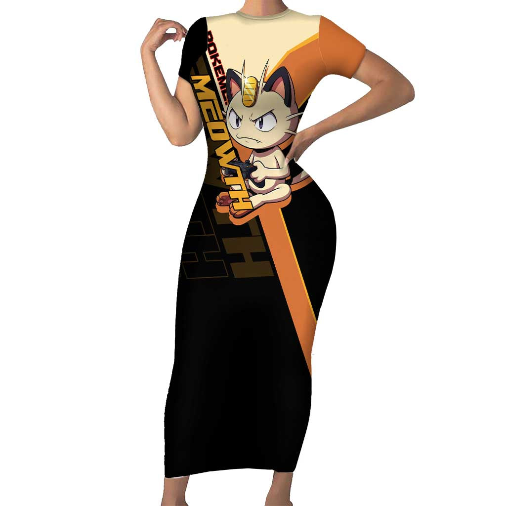 Meowth Poké Short Sleeve Bodycon Dress Vintage Anime Cartoon Style