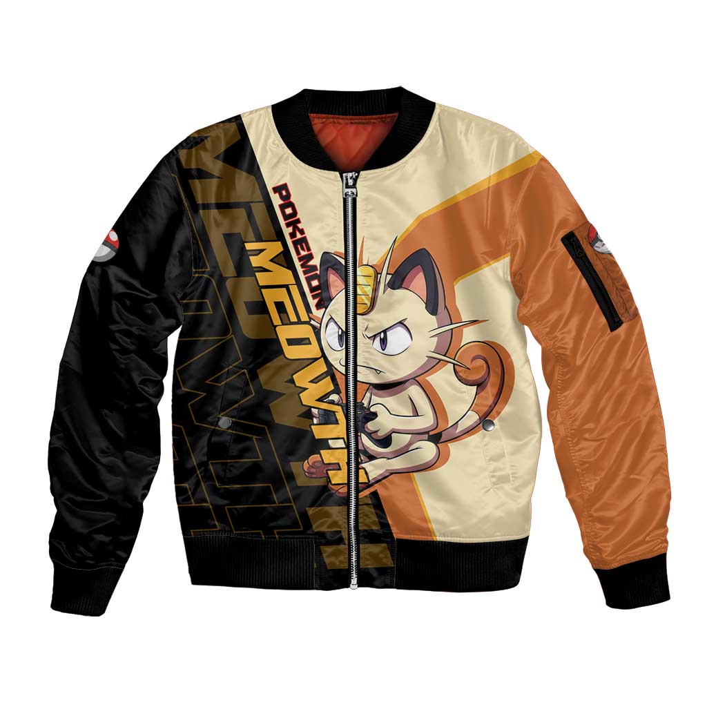 Meowth Poké Sleeve Zip Bomber Jacket Vintage Anime Cartoon Style