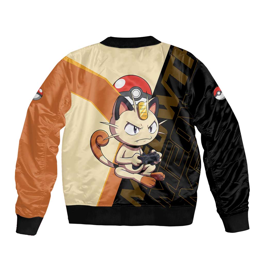 Meowth Poké Sleeve Zip Bomber Jacket Vintage Anime Cartoon Style