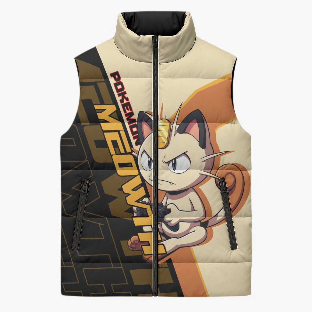 Meowth Poké Sleeveless Puffer Jacket Vintage Anime Cartoon Style