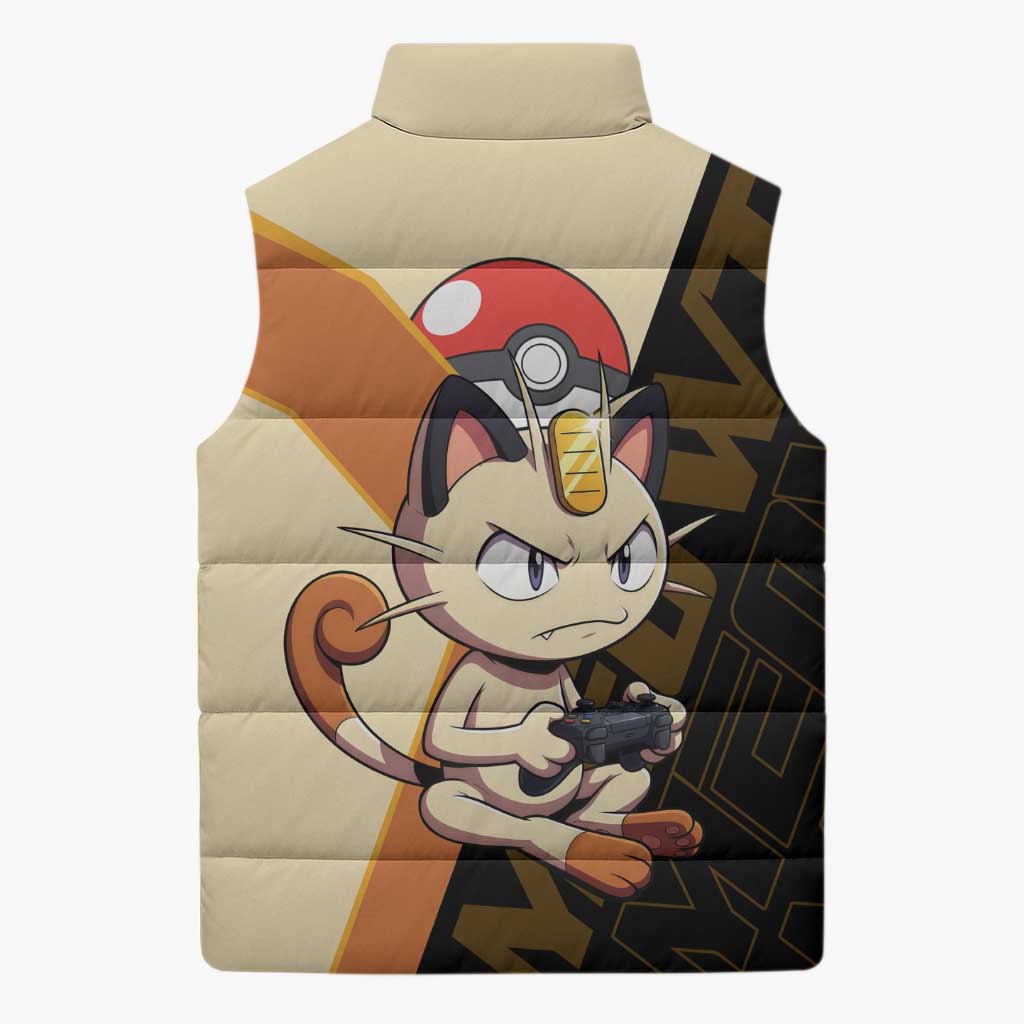 Meowth Poké Sleeveless Puffer Jacket Vintage Anime Cartoon Style