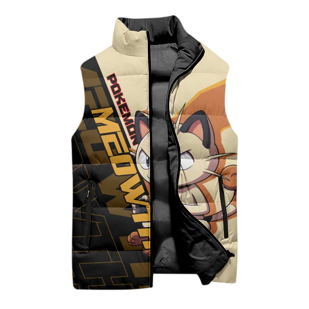 Meowth Poké Sleeveless Puffer Jacket Vintage Anime Cartoon Style