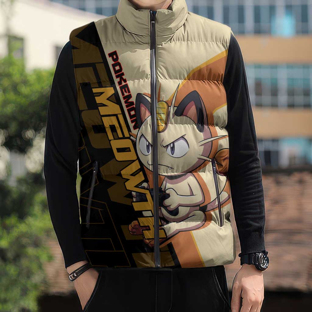Meowth Poké Sleeveless Puffer Jacket Vintage Anime Cartoon Style
