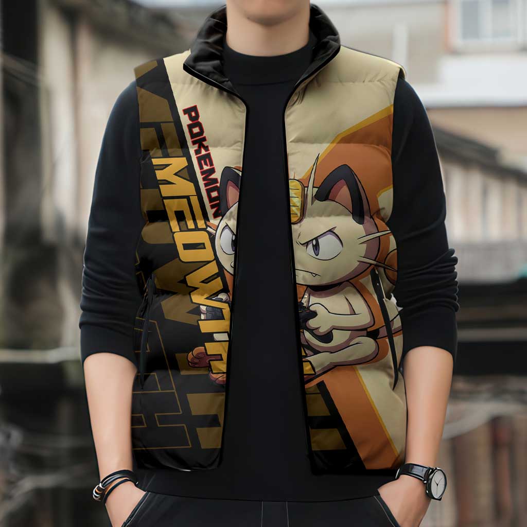 Meowth Poké Sleeveless Puffer Jacket Vintage Anime Cartoon Style