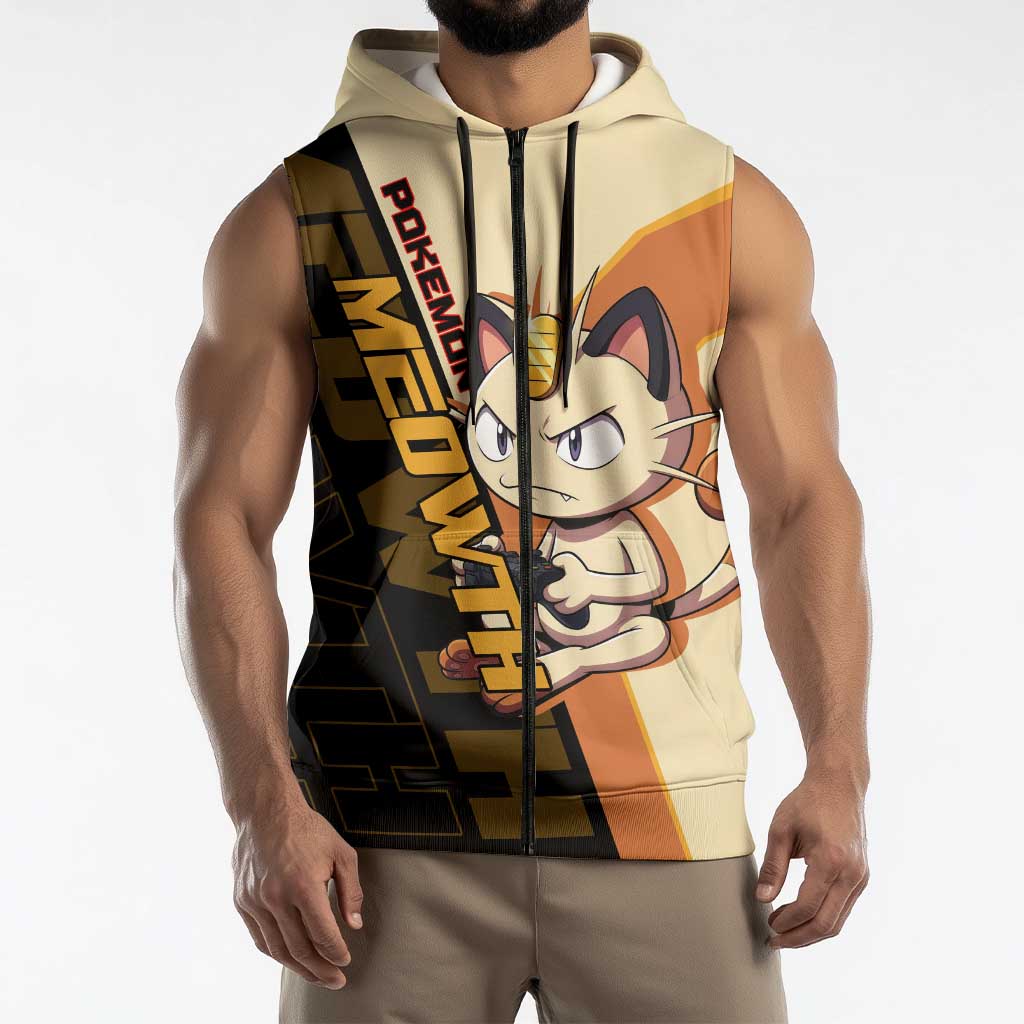 Meowth Poké Sleeveless Zip Hoodie Vintage Anime Cartoon Style