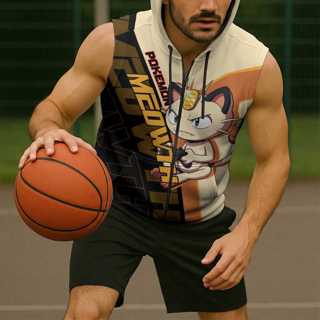 Meowth Poké Sleeveless Zip Hoodie Vintage Anime Cartoon Style