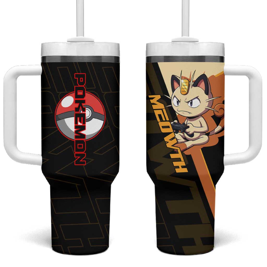 Meowth Poké Tumbler With Handle Vintage Anime Cartoon Style