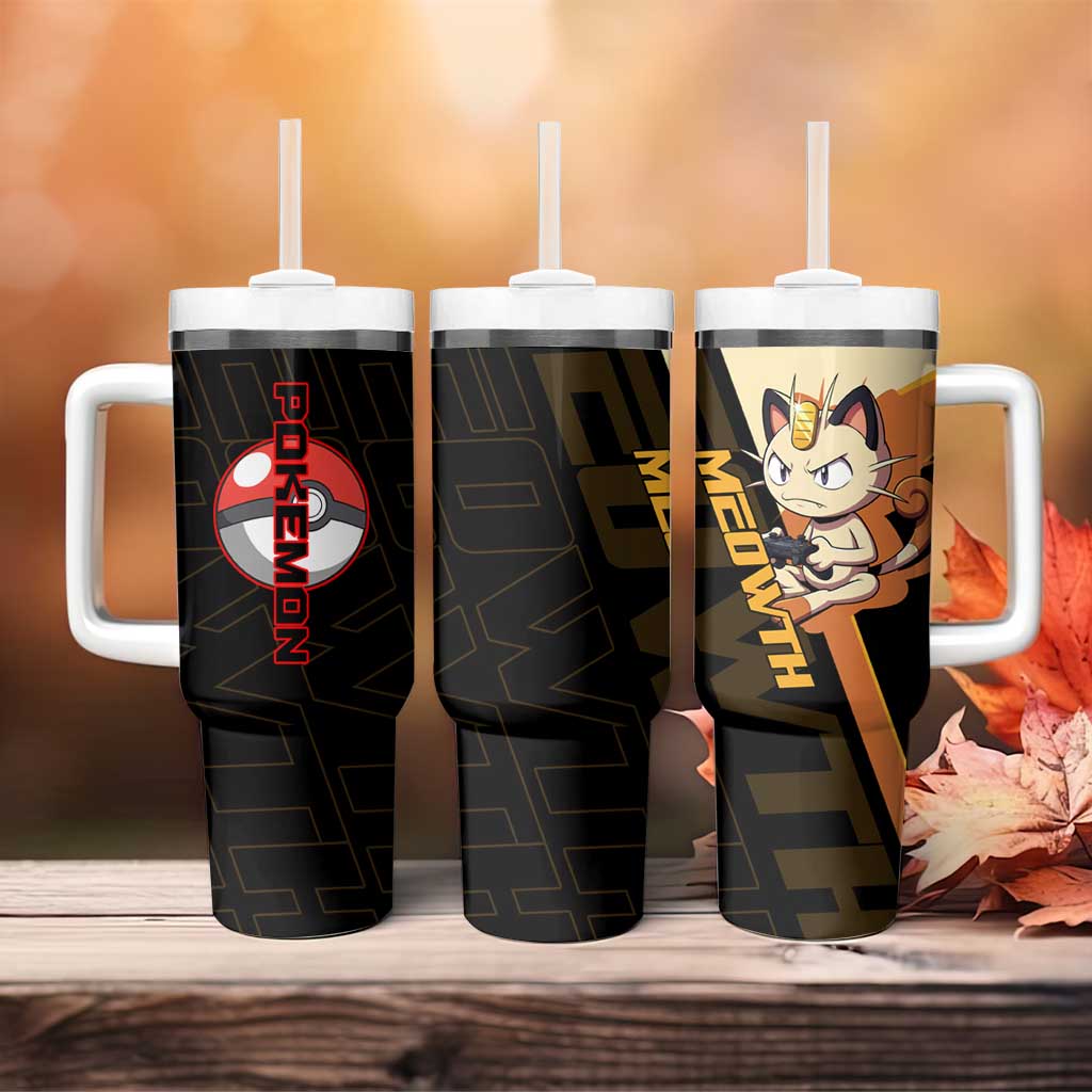 Meowth Poké Tumbler With Handle Vintage Anime Cartoon Style