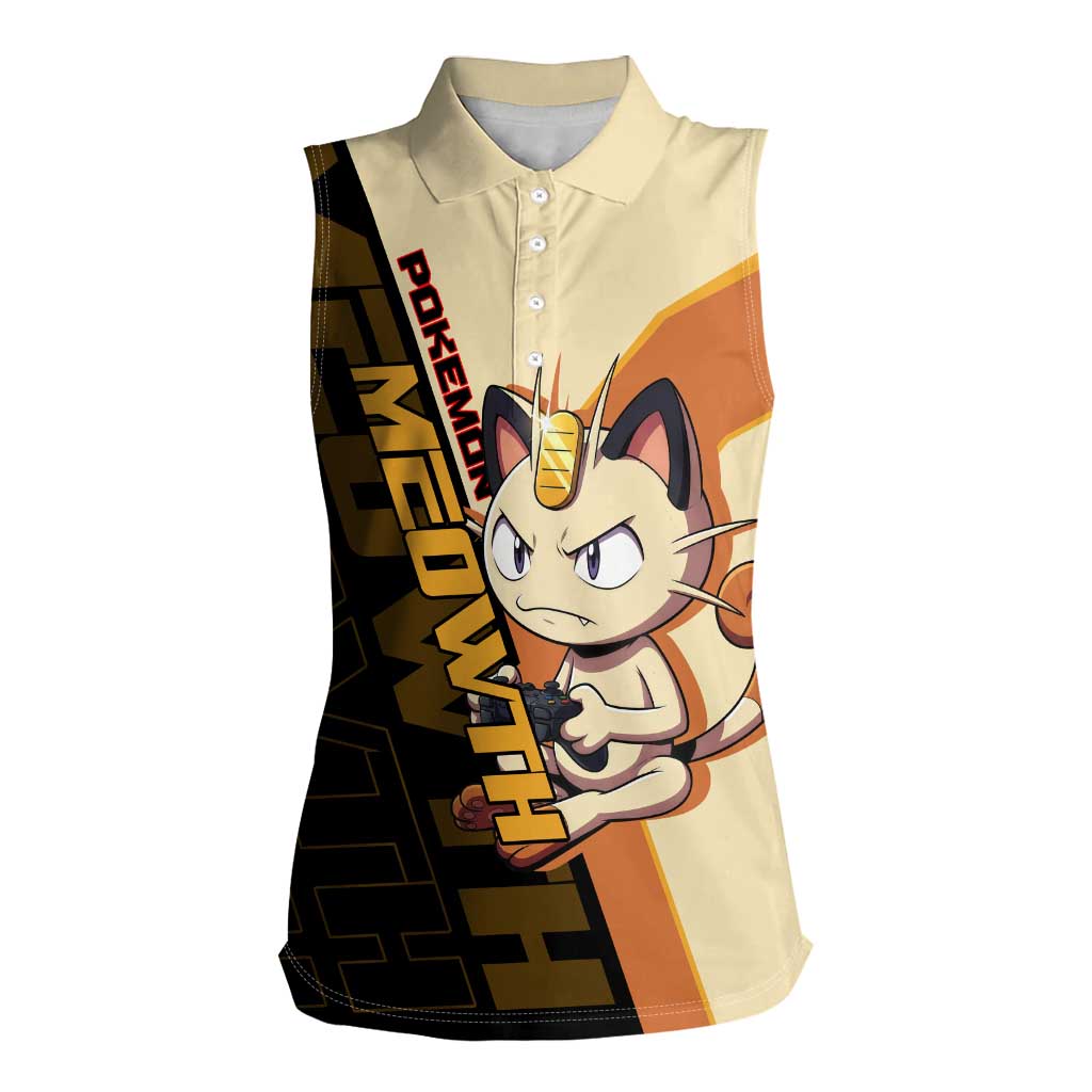Meowth Poké Women Sleeveless Polo Shirt Vintage Anime Cartoon Style