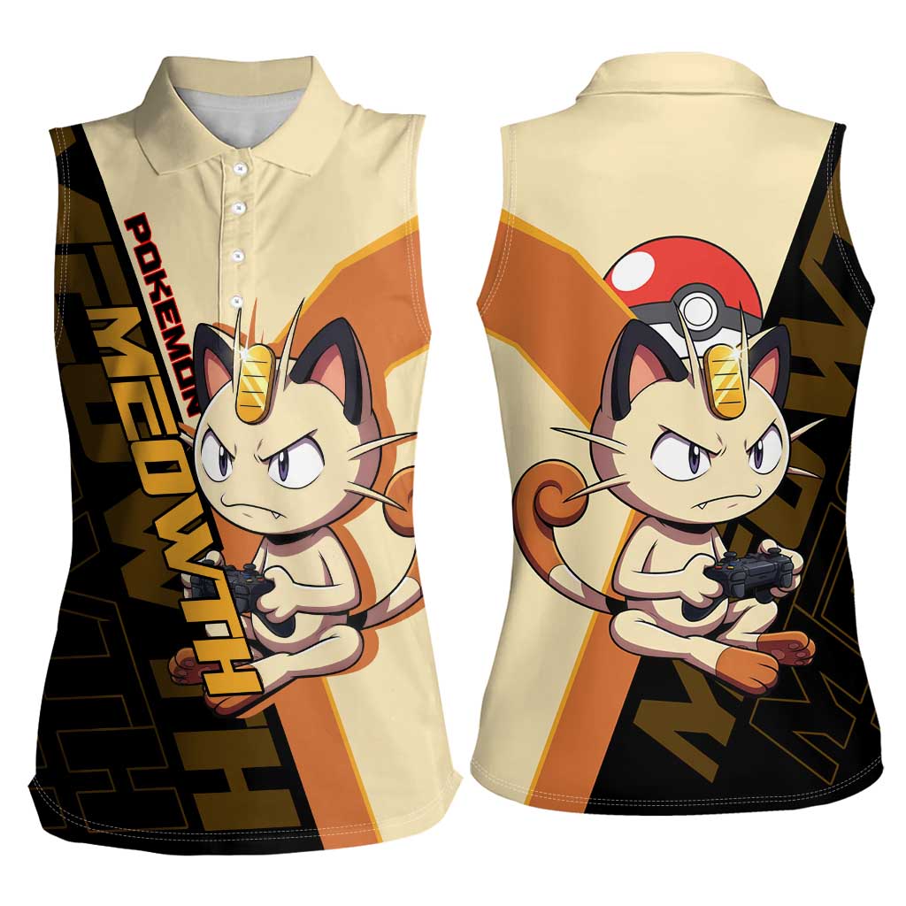 Meowth Poké Women Sleeveless Polo Shirt Vintage Anime Cartoon Style