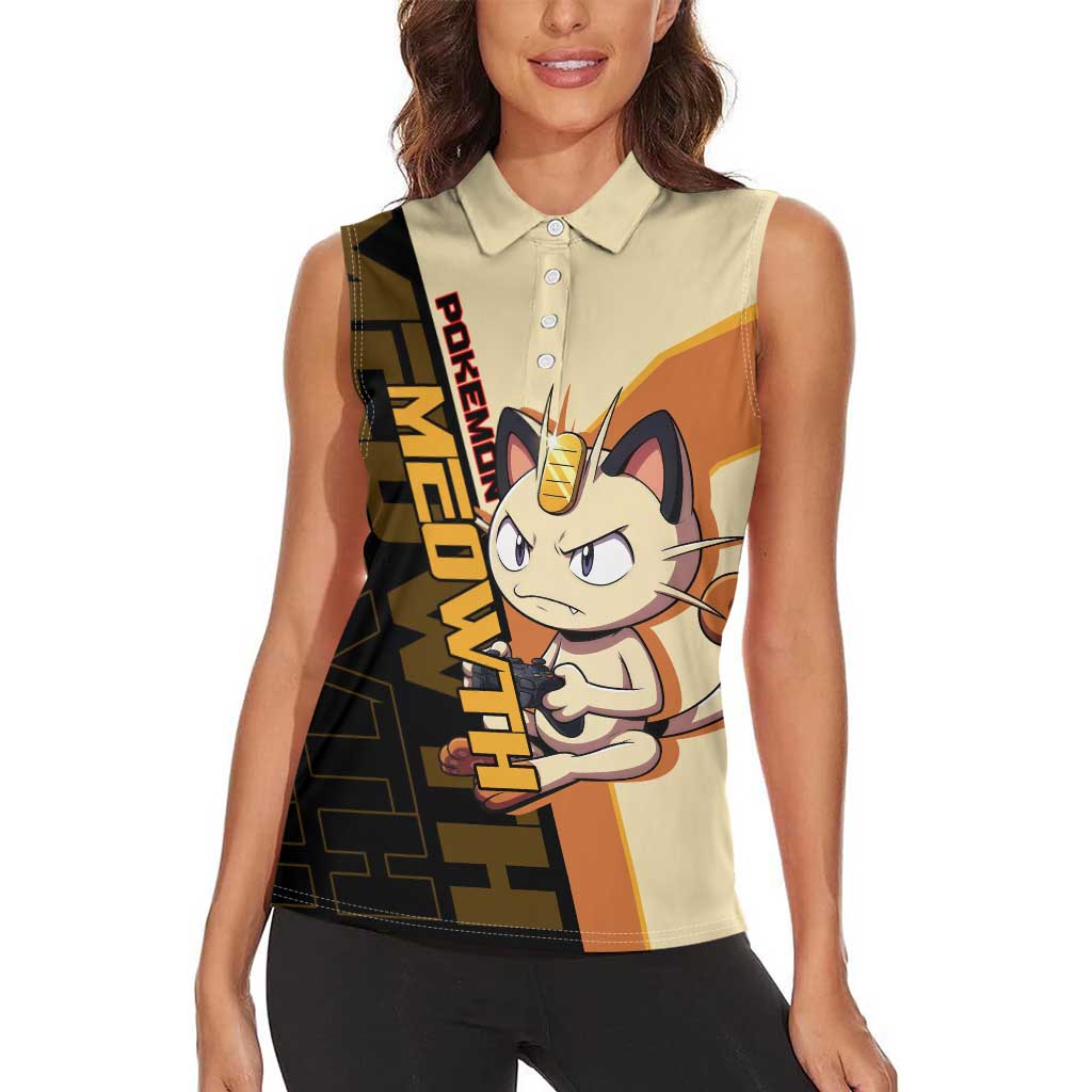Meowth Poké Women Sleeveless Polo Shirt Vintage Anime Cartoon Style