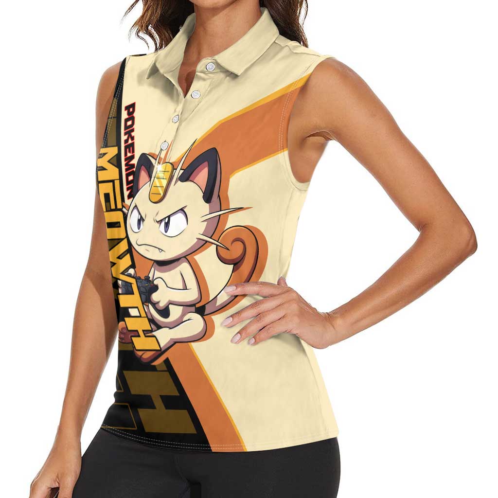 Meowth Poké Women Sleeveless Polo Shirt Vintage Anime Cartoon Style