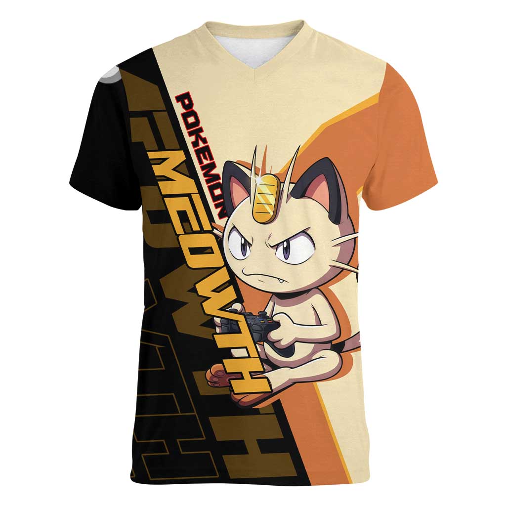 Meowth Poké Women V-Neck T-Shirt Vintage Anime Cartoon Style