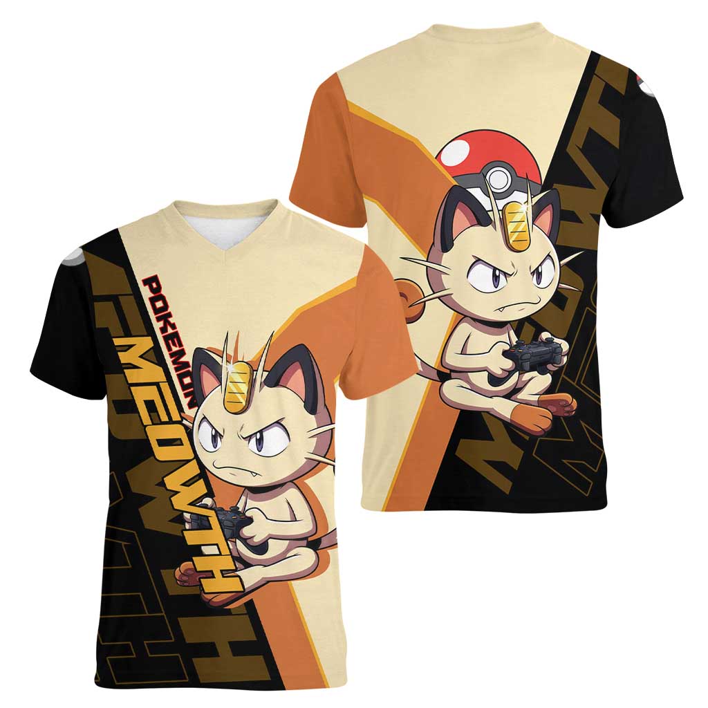 Meowth Poké Women V-Neck T-Shirt Vintage Anime Cartoon Style