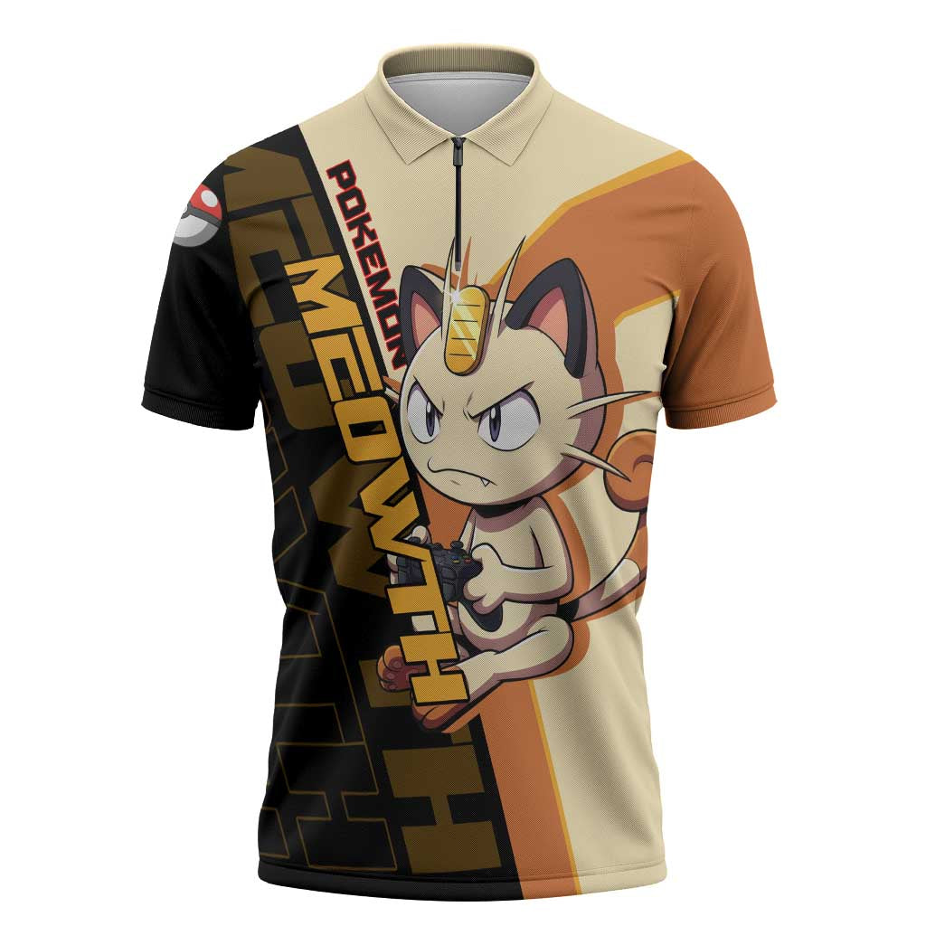 Meowth Poké Zipper Polo Shirt Vintage Anime Cartoon Style