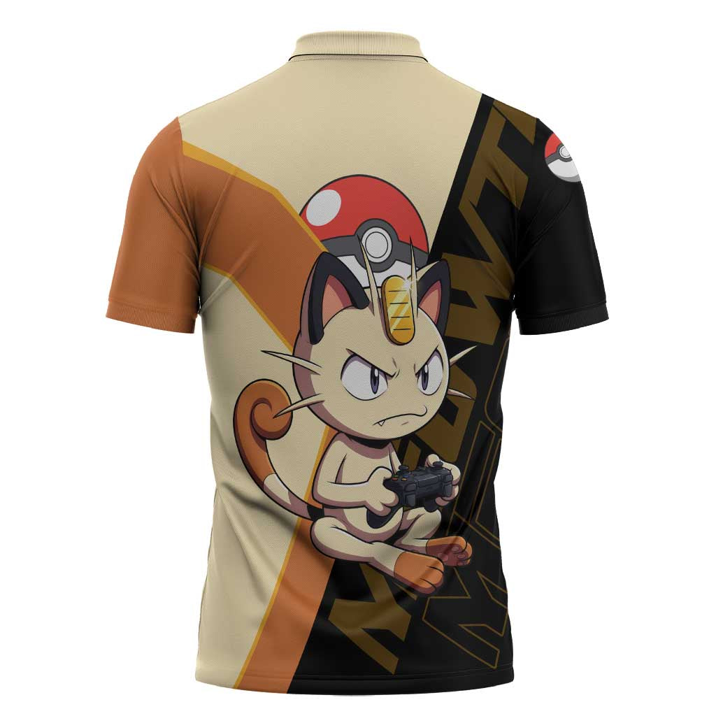 Meowth Poké Zipper Polo Shirt Vintage Anime Cartoon Style