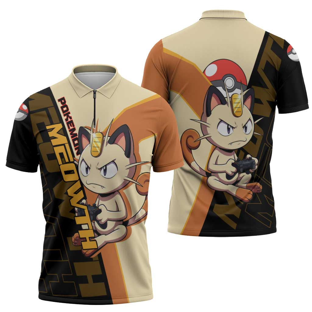 Meowth Poké Zipper Polo Shirt Vintage Anime Cartoon Style