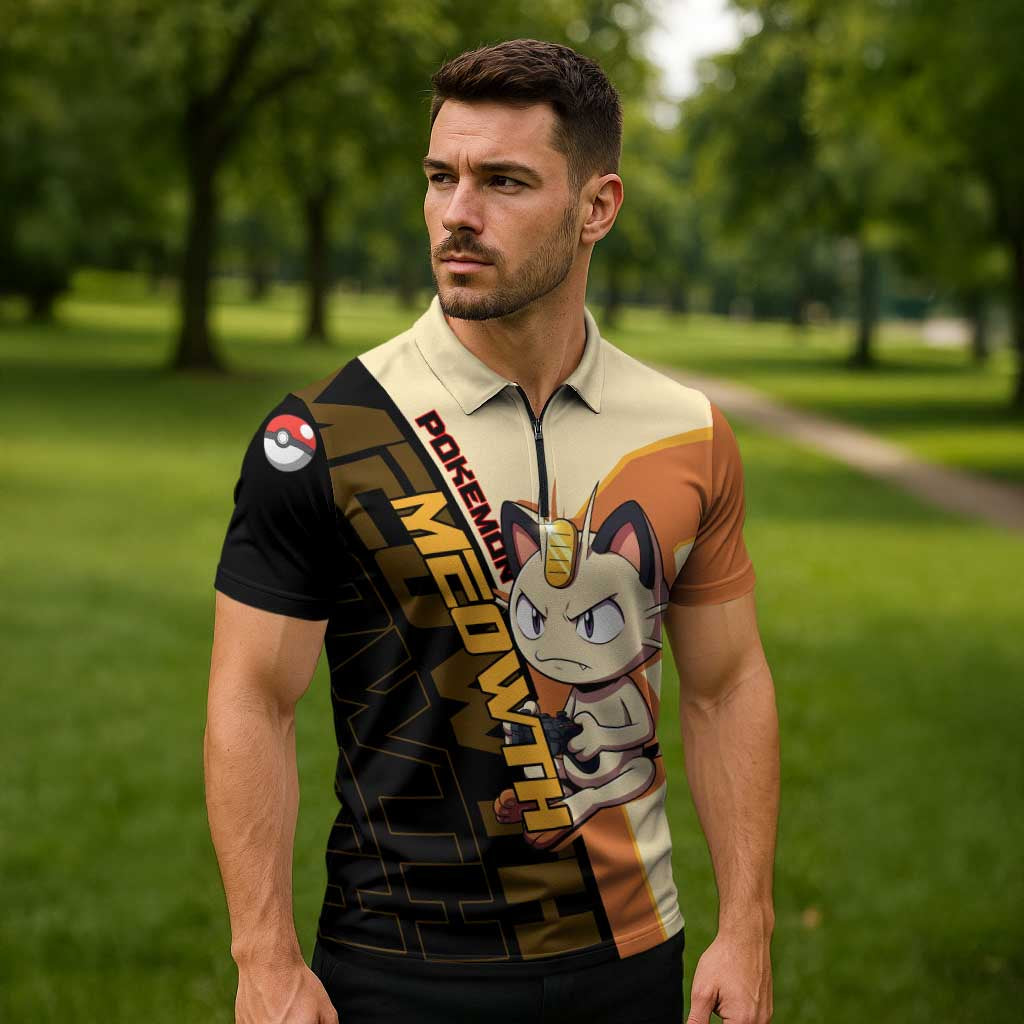 Meowth Poké Zipper Polo Shirt Vintage Anime Cartoon Style