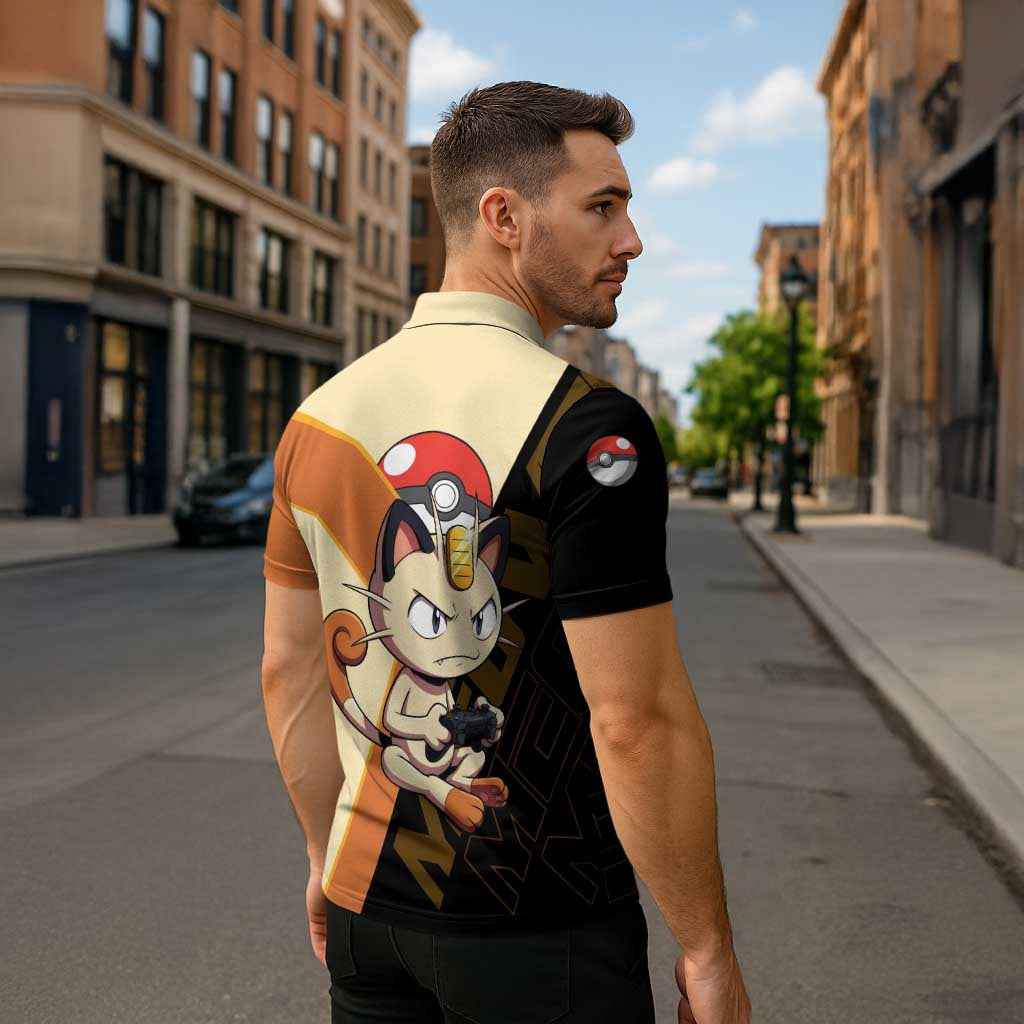 Meowth Poké Zipper Polo Shirt Vintage Anime Cartoon Style