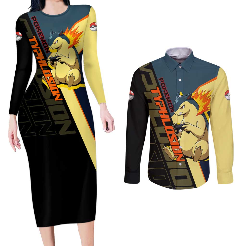 Typhlosion Poké Couples Matching Long Sleeve Bodycon Dress and Long Sleeve Button Shirt Classic Retro Anime Style