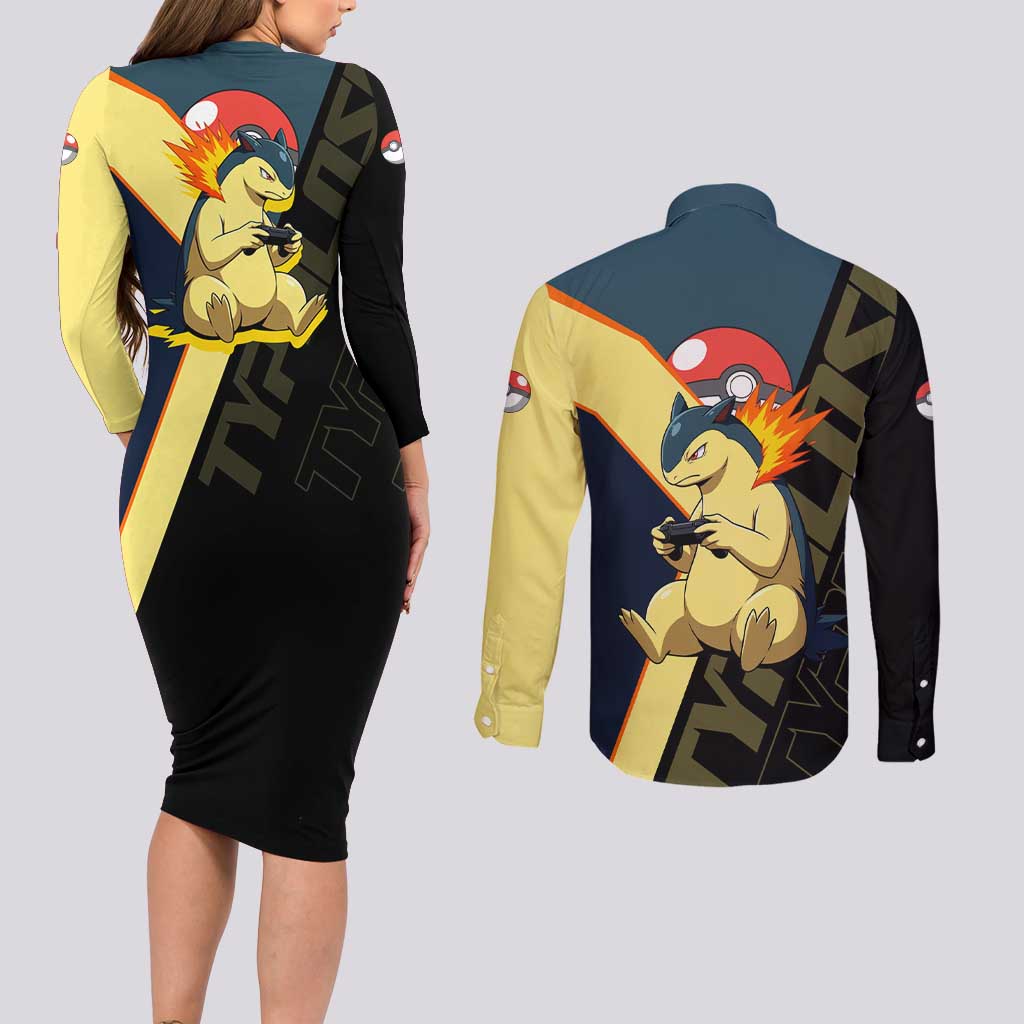 Typhlosion Poké Couples Matching Long Sleeve Bodycon Dress and Long Sleeve Button Shirt Classic Retro Anime Style
