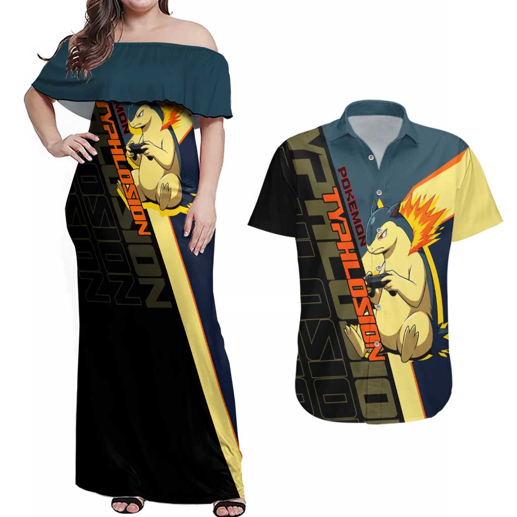 Typhlosion Poké Couples Matching Off Shoulder Maxi Dress and Hawaiian Shirt Classic Retro Anime Style