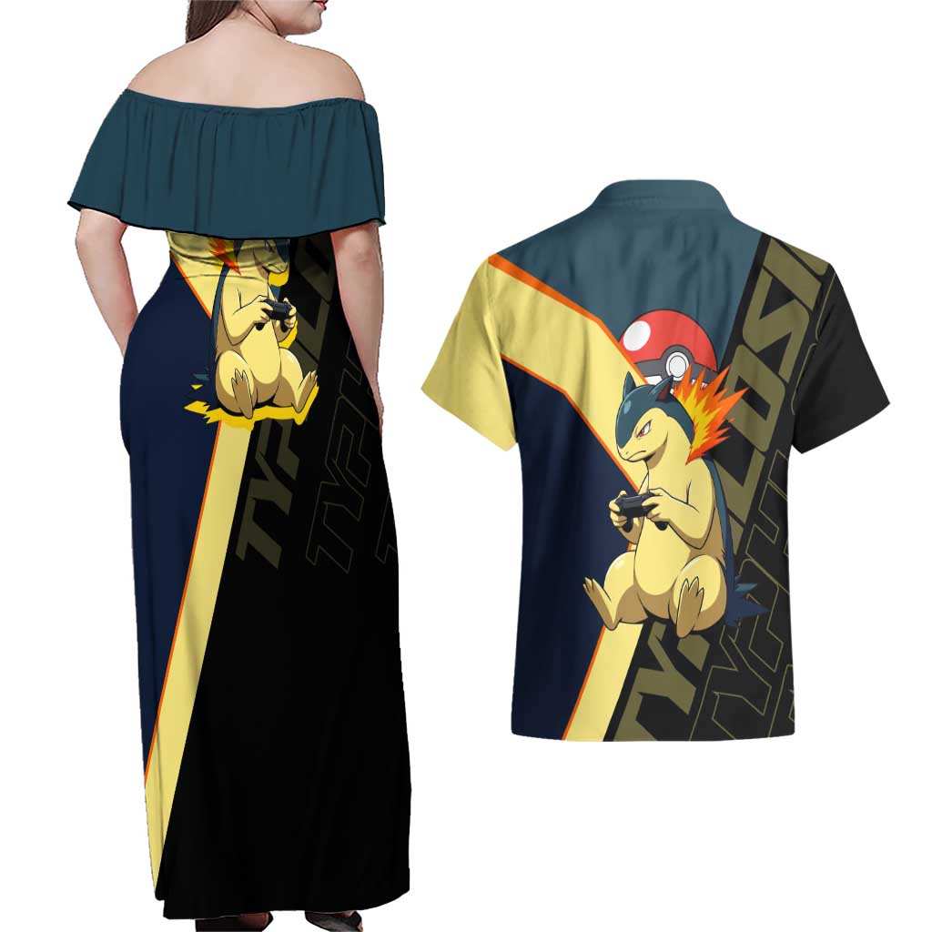 Typhlosion Poké Couples Matching Off Shoulder Maxi Dress and Hawaiian Shirt Classic Retro Anime Style