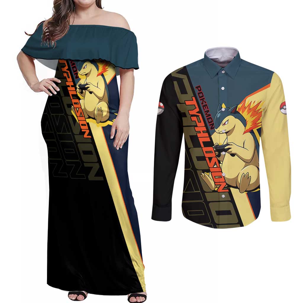 Typhlosion Poké Couples Matching Off Shoulder Maxi Dress and Long Sleeve Button Shirt Classic Retro Anime Style