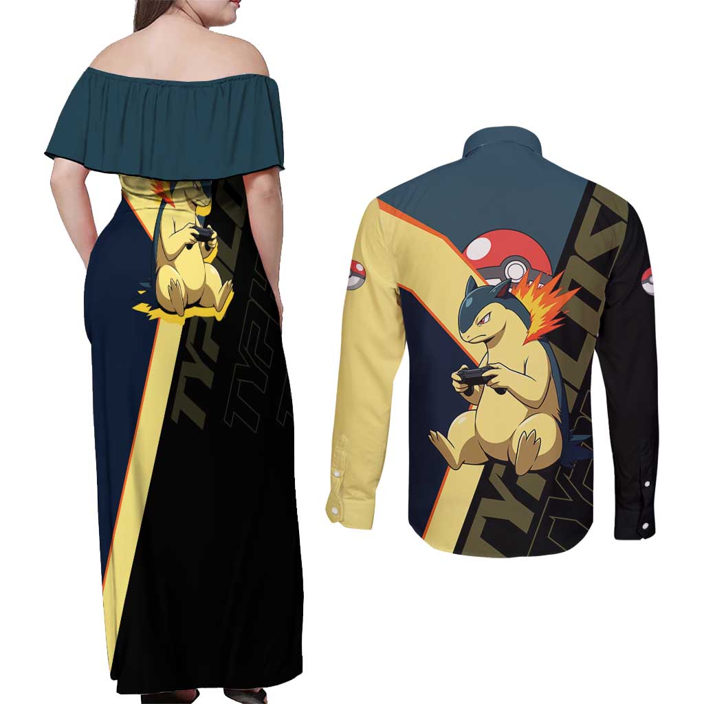 Typhlosion Poké Couples Matching Off Shoulder Maxi Dress and Long Sleeve Button Shirt Classic Retro Anime Style