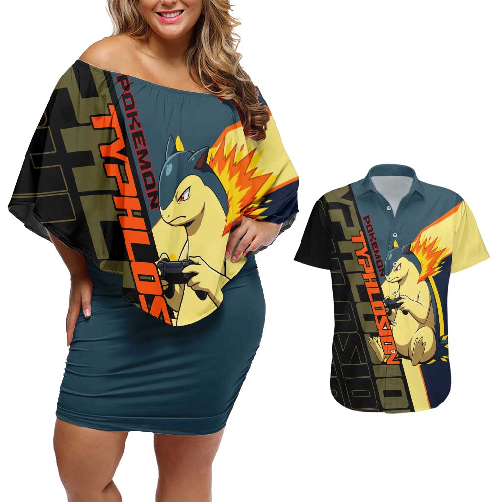 Typhlosion Poké Couples Matching Off Shoulder Short Dress and Hawaiian Shirt Classic Retro Anime Style