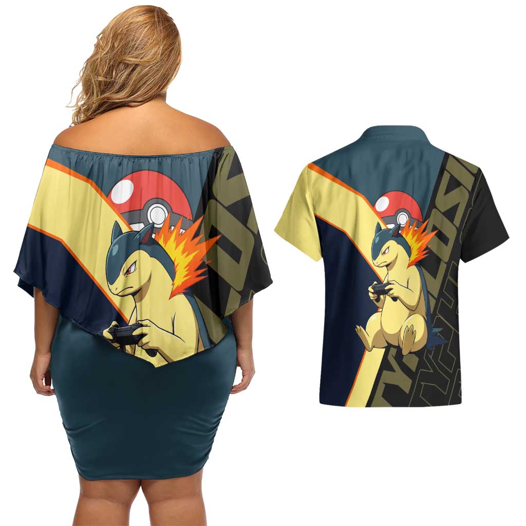 Typhlosion Poké Couples Matching Off Shoulder Short Dress and Hawaiian Shirt Classic Retro Anime Style