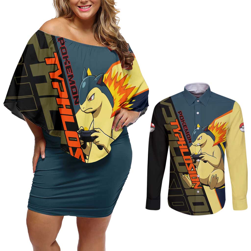 Typhlosion Poké Couples Matching Off Shoulder Short Dress and Long Sleeve Button Shirt Classic Retro Anime Style