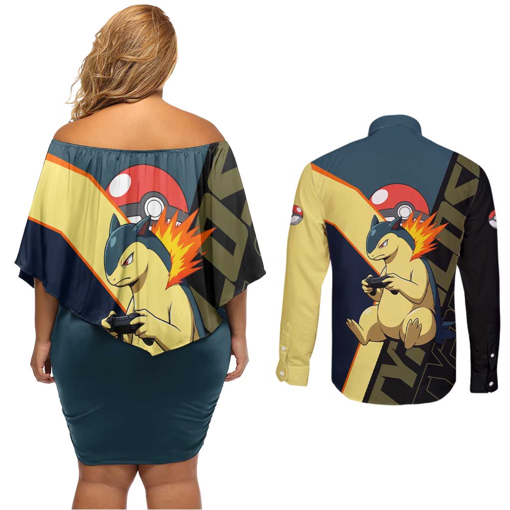 Typhlosion Poké Couples Matching Off Shoulder Short Dress and Long Sleeve Button Shirt Classic Retro Anime Style