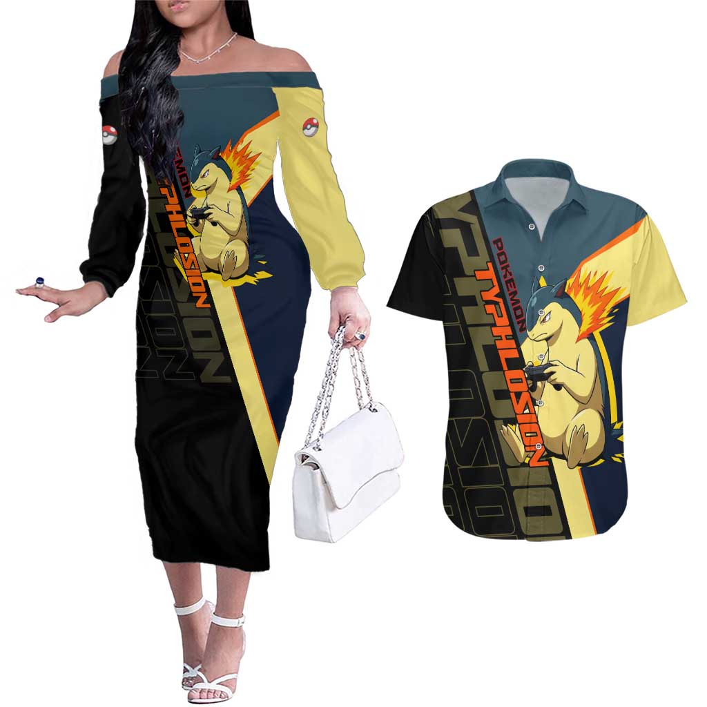 Typhlosion Poké Couples Matching Off The Shoulder Long Sleeve Dress and Hawaiian Shirt Classic Retro Anime Style
