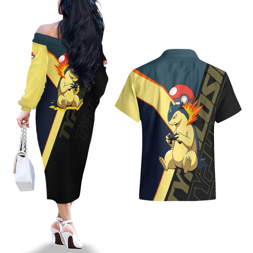 Typhlosion Poké Couples Matching Off The Shoulder Long Sleeve Dress and Hawaiian Shirt Classic Retro Anime Style