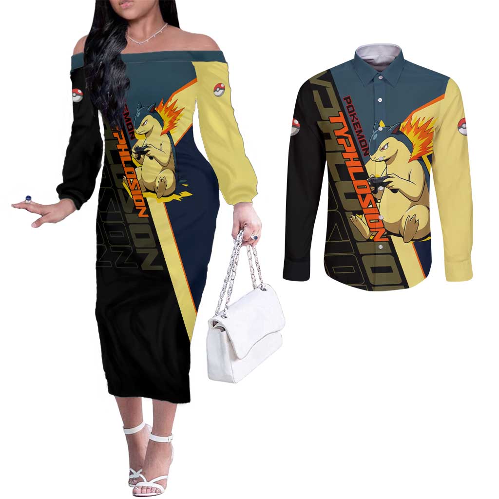 Typhlosion Poké Couples Matching Off The Shoulder Long Sleeve Dress and Long Sleeve Button Shirt Classic Retro Anime Style
