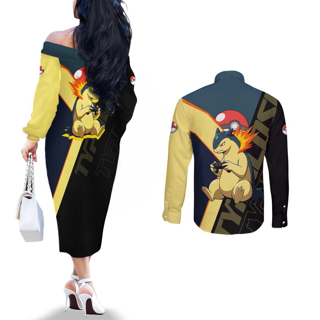Typhlosion Poké Couples Matching Off The Shoulder Long Sleeve Dress and Long Sleeve Button Shirt Classic Retro Anime Style