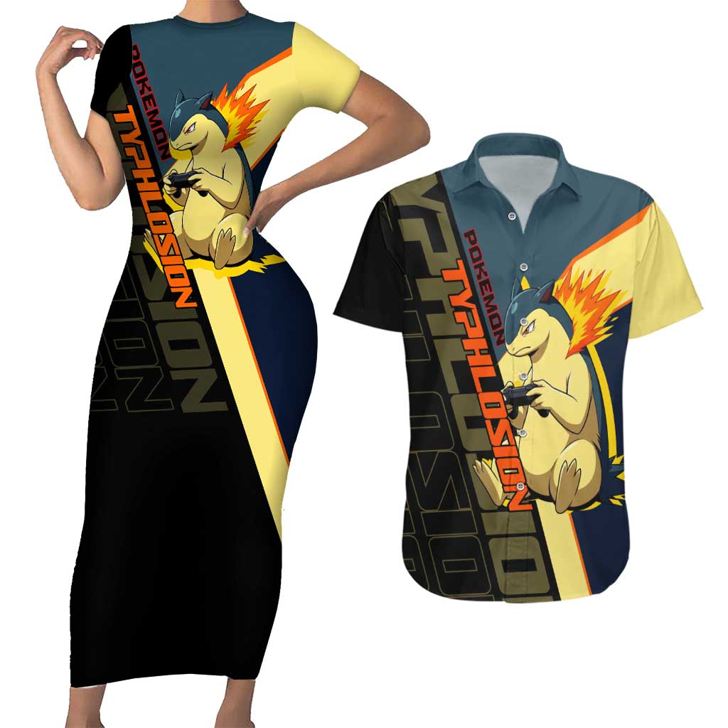 Typhlosion Poké Couples Matching Short Sleeve Bodycon Dress and Hawaiian Shirt Classic Retro Anime Style