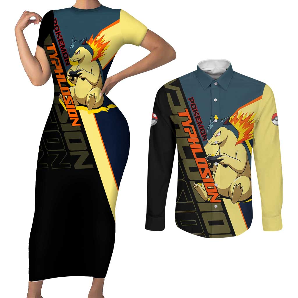 Typhlosion Poké Couples Matching Short Sleeve Bodycon Dress and Long Sleeve Button Shirt Classic Retro Anime Style