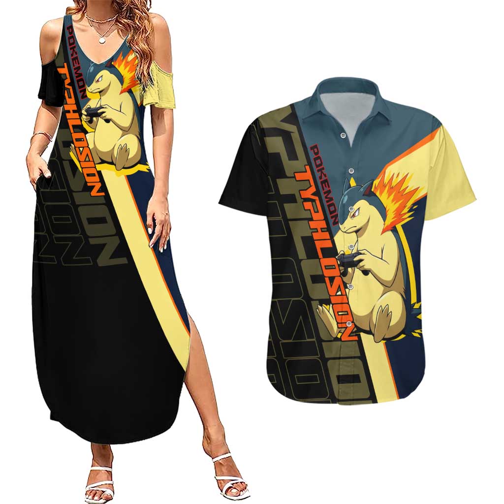 Typhlosion Poké Couples Matching Summer Maxi Dress and Hawaiian Shirt Classic Retro Anime Style