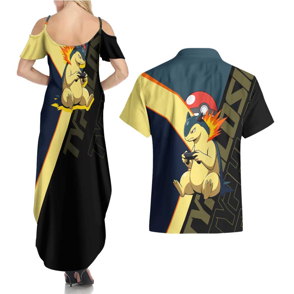 Typhlosion Poké Couples Matching Summer Maxi Dress and Hawaiian Shirt Classic Retro Anime Style
