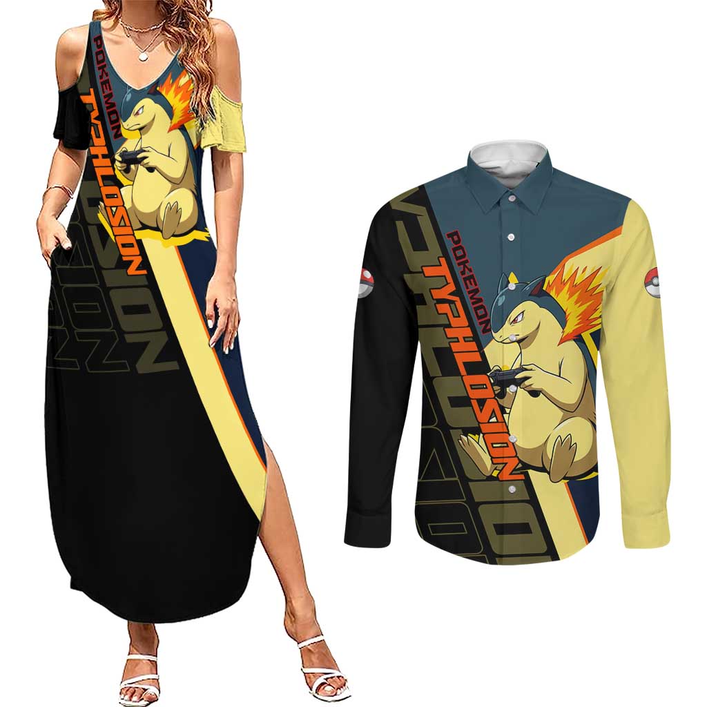 Typhlosion Poké Couples Matching Summer Maxi Dress and Long Sleeve Button Shirt Classic Retro Anime Style